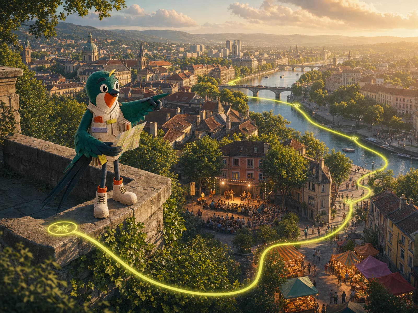 Andoori entdeckt von einem Aussichtspunkt aus einen Markt, ein Konzert und Wege durch die Stadt.
