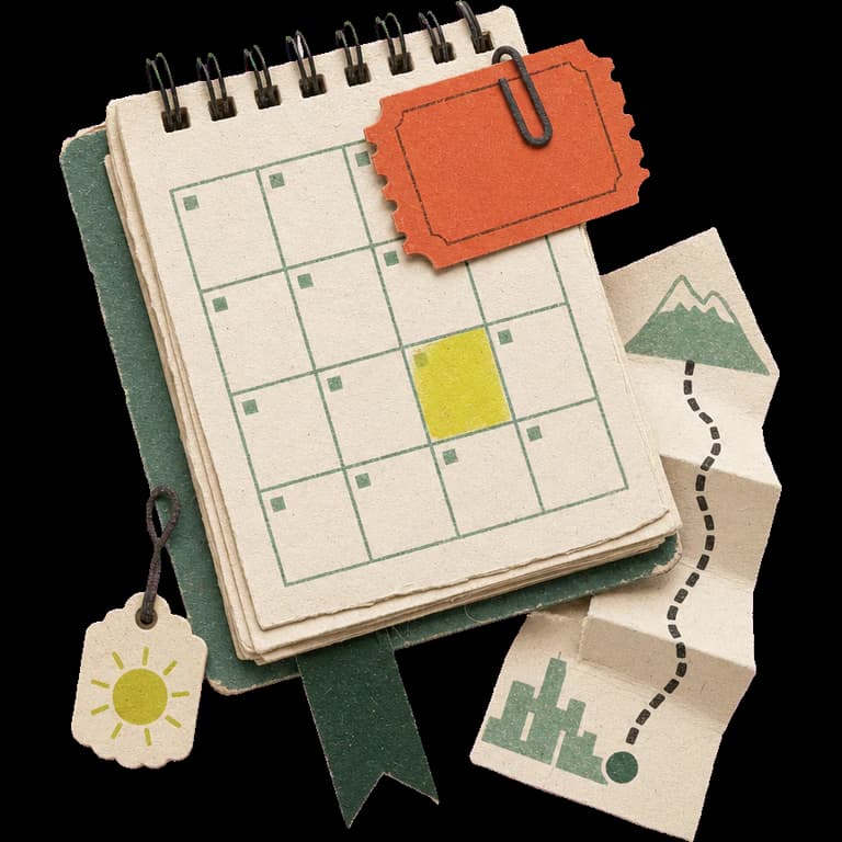 Ein persönlicher Reiseplaner mit Kalender, Ticket, Wetter und Route